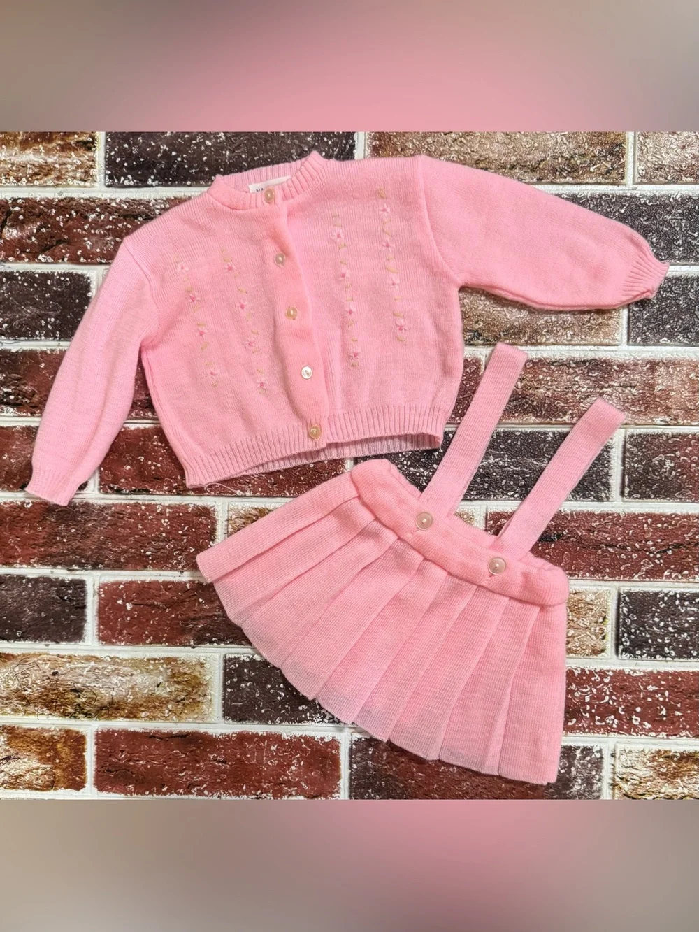 Vintage Nannette pink knit sweater & skirt set ~6m 14.5” sth baby girl - Picture 1 of 3